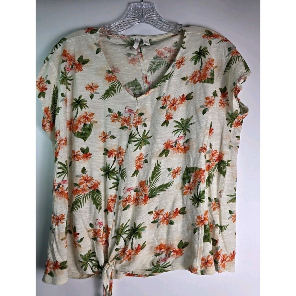 Women sz M Top Orange Floral VNeck Short Cap Sleeve Tie Hem Pullover Tshirt